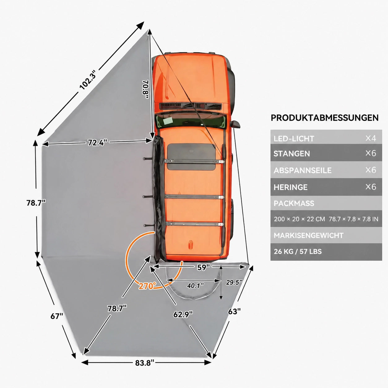Naturnest 270°-Fahrzeugmarkise Plus mit Abmessungen, Packmaß, Gewicht und Zubehör für Camping und Overlanding